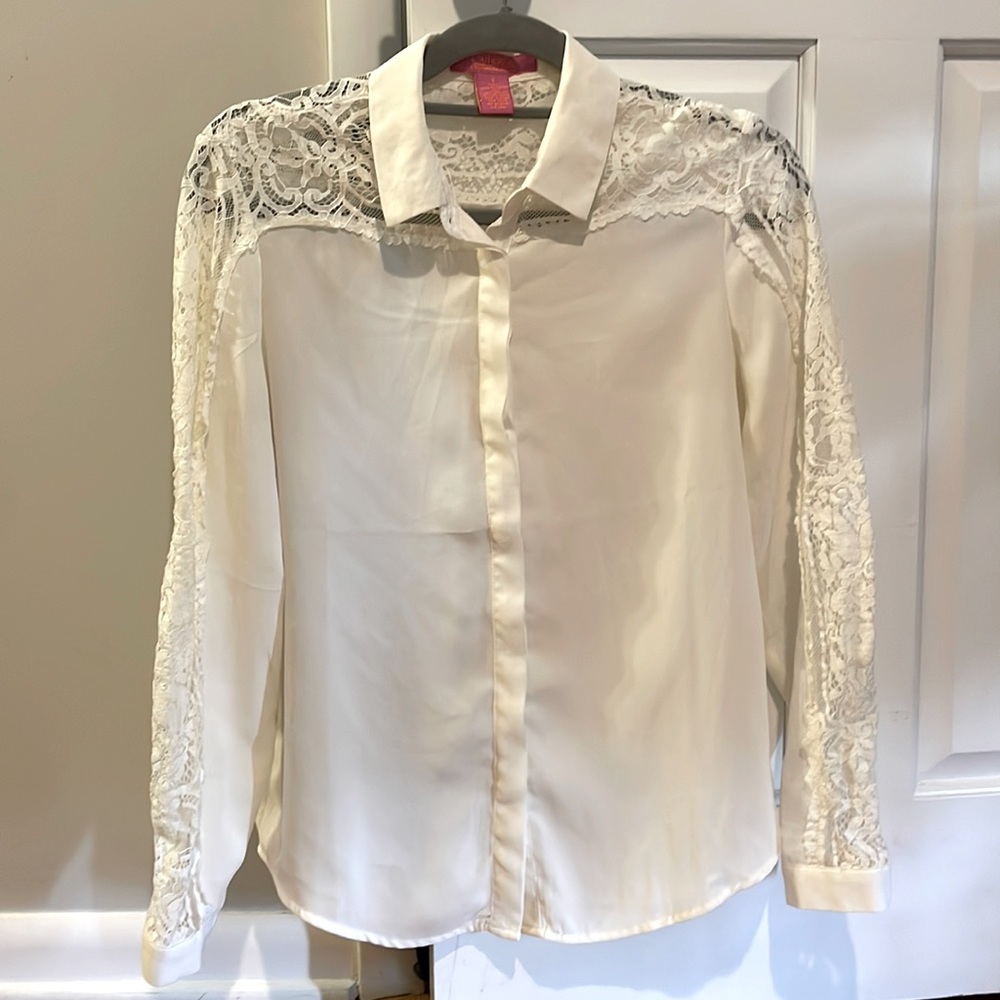 White sheer button up top with lace accents
